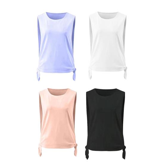 Kadın Spor Üst Oyuklu İnce Bol Nefes Alabilir Yumuşak Yuvarlak Yaka Ter Emici Düz Renk Kolsuz Bağcıklı Düğüm Koşu Yoga Spor Salonu Atlet