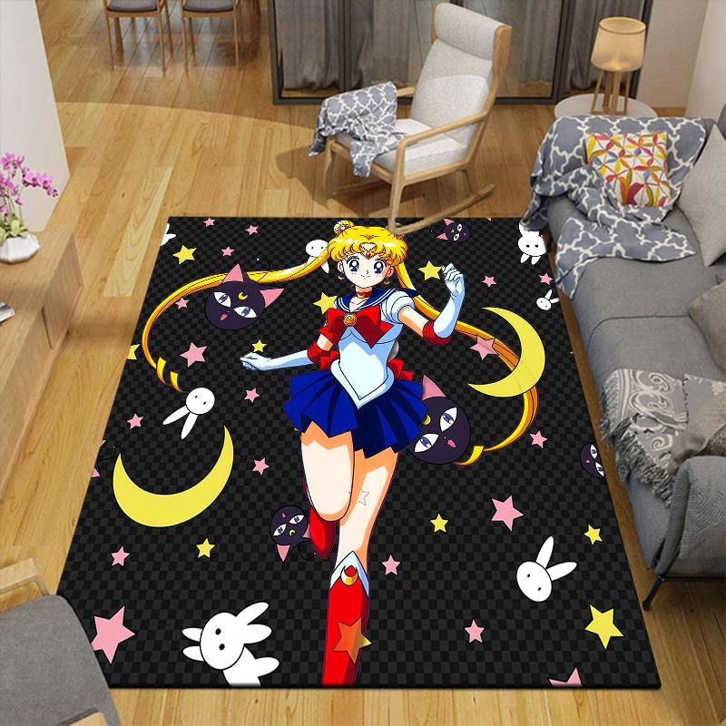 Sailor Moon3 Flanellmuster Quadratischer Teppich, Läufer, Teppich für Wohnzimmer Schlafzimmer Sofa Spielzimmer Dekor, Rutschfeste Fußmatte