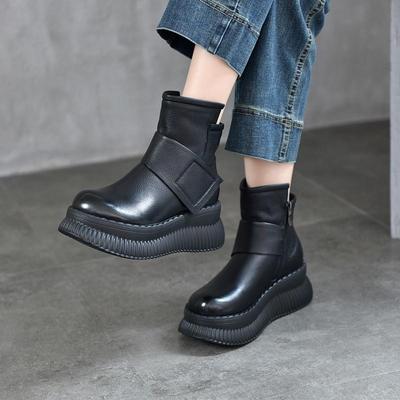 Plush Genuine Leather Women's Cotton Boots Casual Side Zipper Thick Soled Wedges Short Boots