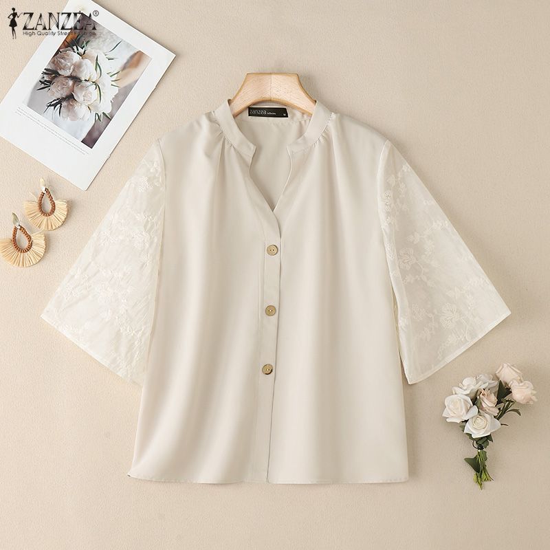ZANZEA Women Casual V-Neck Splice Half Sleeve Loose Blouse