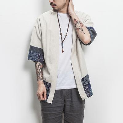 Men's Solid Color Linen Cardigan Seven-Sleeve Cotton and Linen Retro Hanfu Top