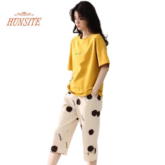 

2 шт./компл., женский летний пижамный комплект, мультяшный свободный эластичный пояс с круглым вырезом и половиной рукавов, домашняя одежда, удобная футболка, укороченные брюки, комплект женской одежды L темно-желтого