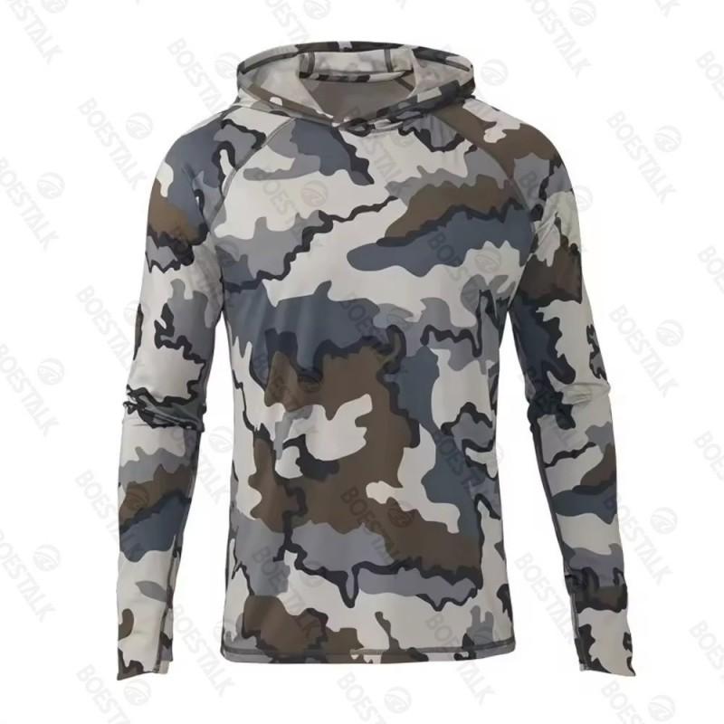 Mens Camo Hooded Fishing Shirt Quick Dry UV Protection Outdoor Camping Hiking Lightweight Breathable Performance Top