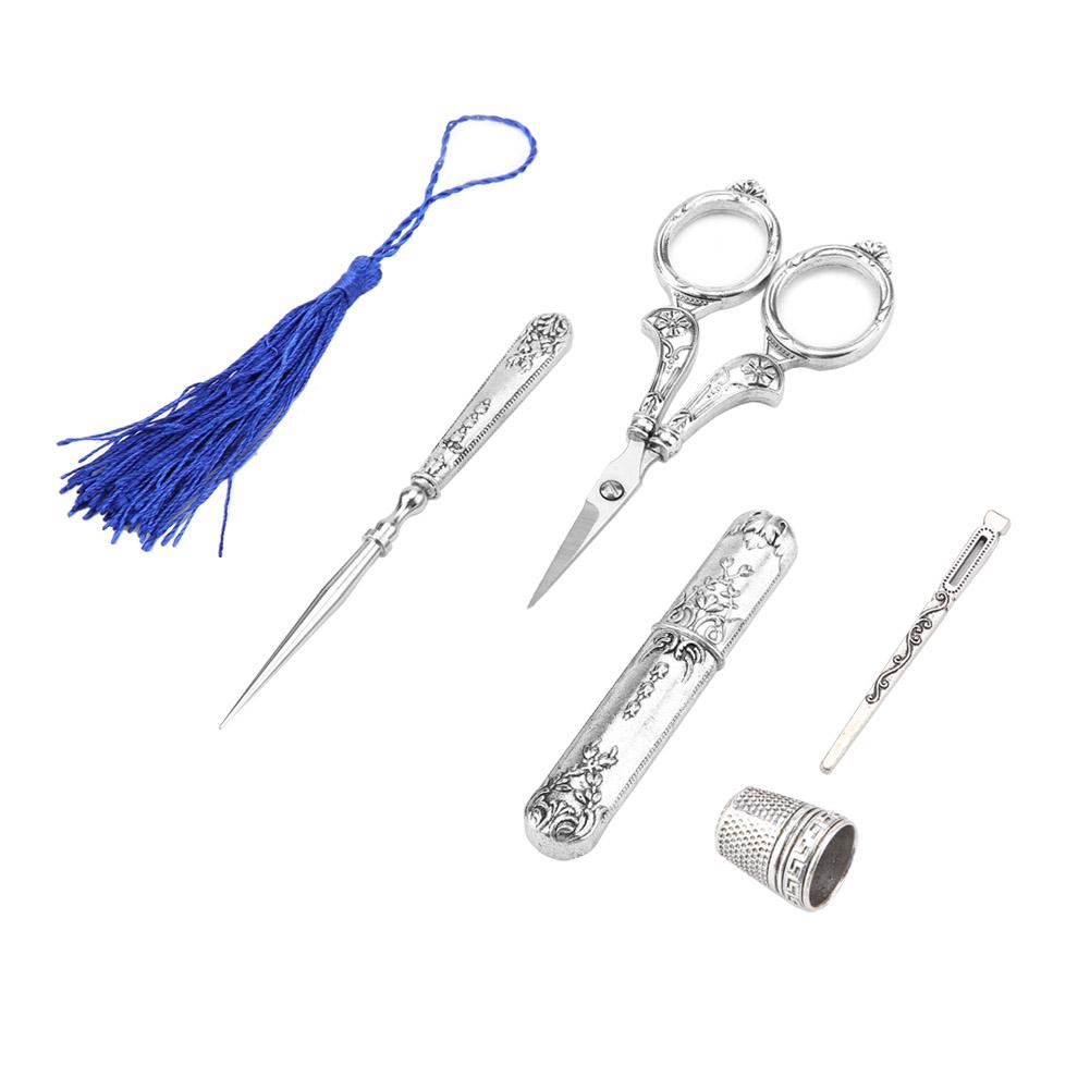 5pcs Vintage Sewing Scissors Threader Kit with Thimble Antique Embroidery Tool Set