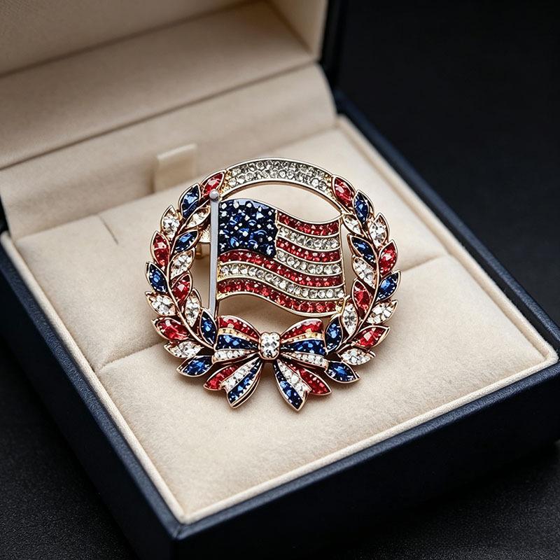 Strass-Amerikafahne-Brosche Trendiges Kranz-Schleifen-Design Leicht Tragbar Patriotischer Anstecker für Unabhängigkeitstag Party Ausflüge Tragen