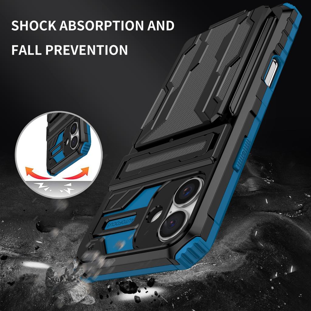 For iPhone 16 Case with Card Holder PC + TPU Phone Back Cover Kickstand