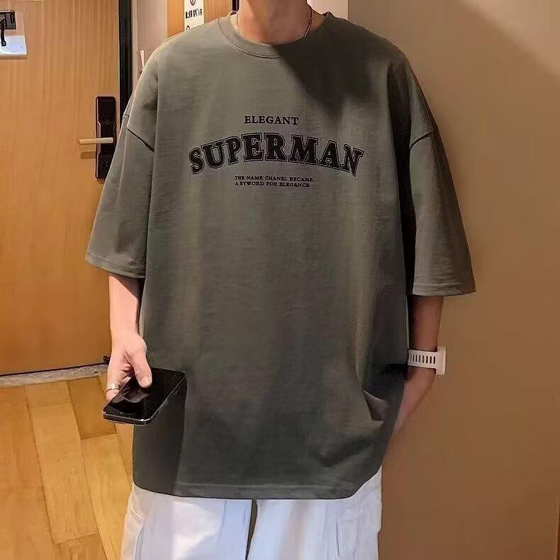 

Мужская футболка с коротким рукавом, в иностранном стиле, свободная, с принтом корейских букв, с круглым вырезом, повседневная, летняя, универсальный топ 5XL темно-серого