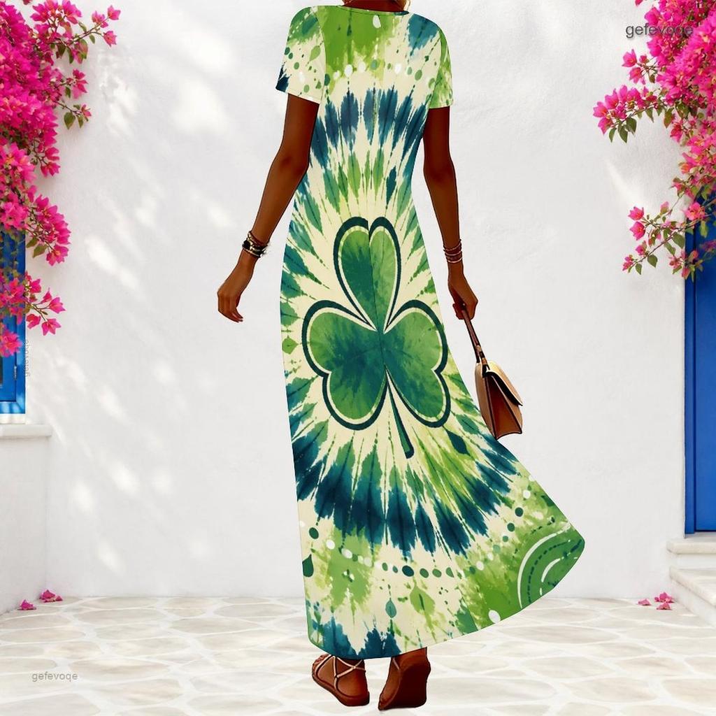 Women Plus Size V Neck Short Sleeve Dark Green Clover Printed Long Dress