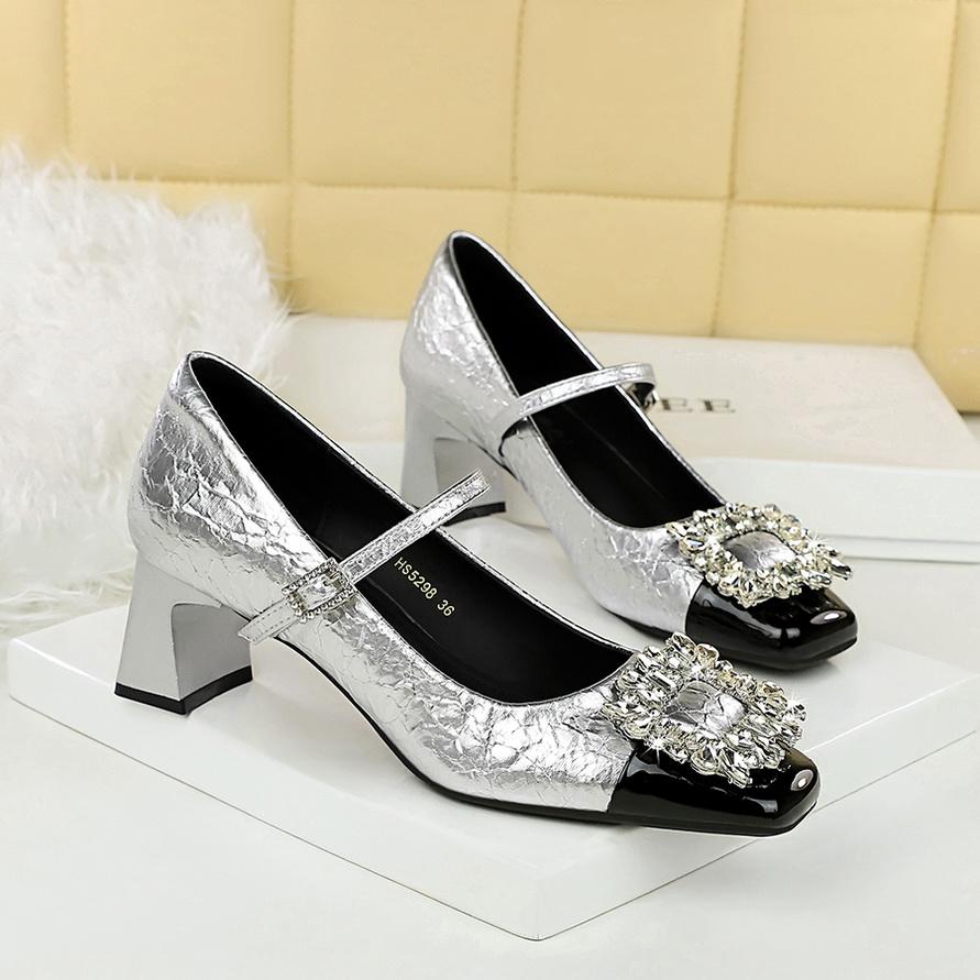Shallow Mouth Square Toe Color Blocked Metal Rhinestone Buckle Straight Strap Single Shoe