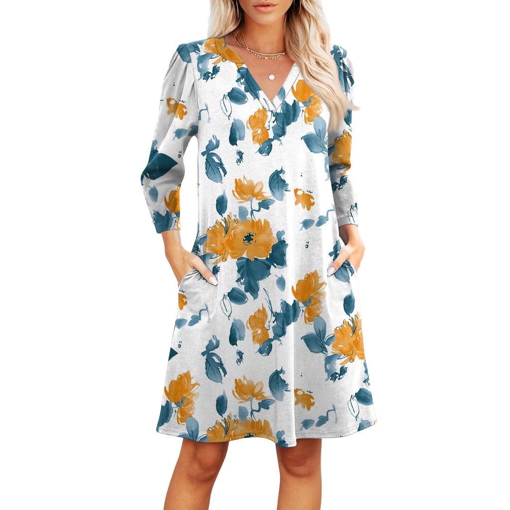 Women's Fashion V-neck Casual Beach Dress Three-quarter Sleeves Floral Print Dress