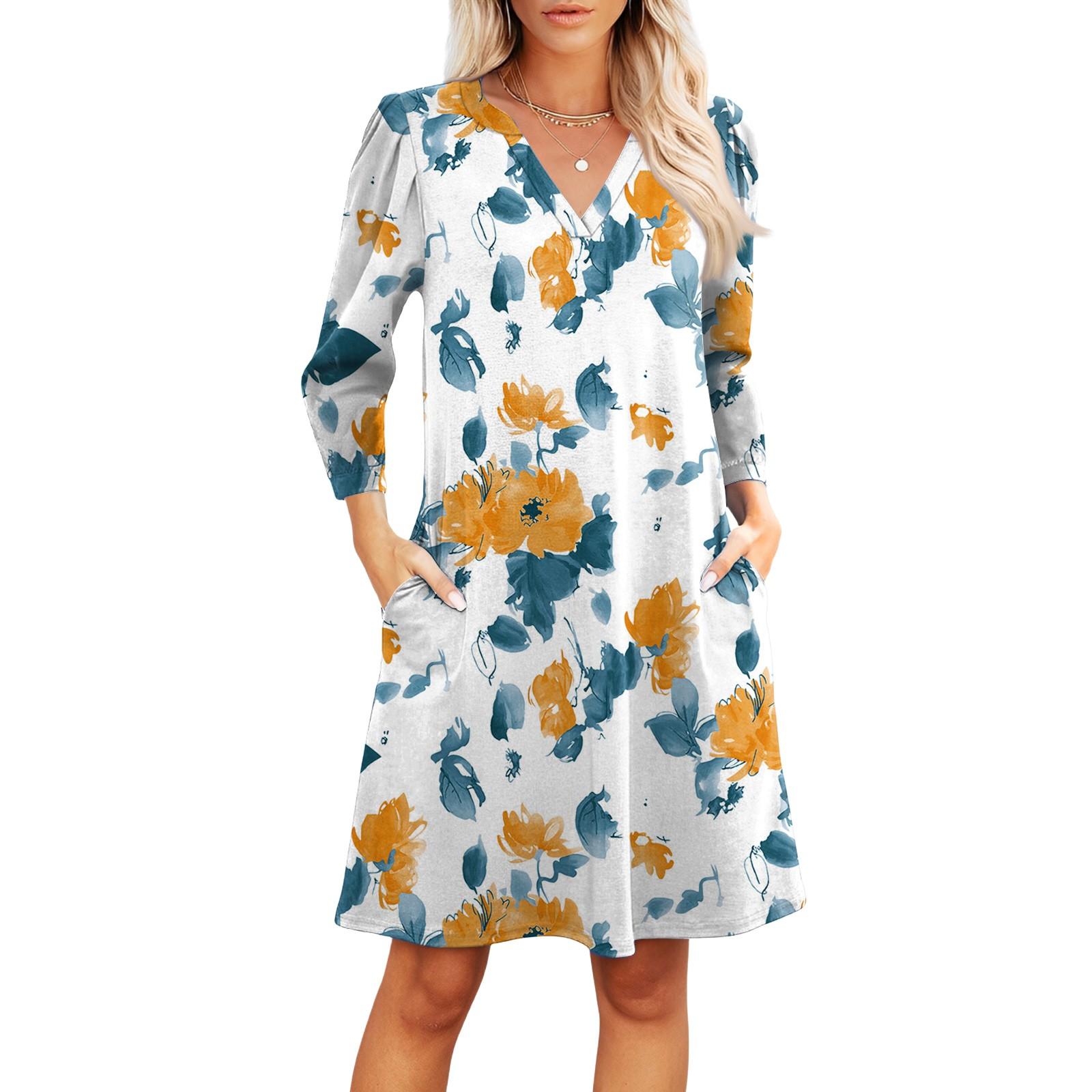 

Женское модное платье с V-образным вырезом, повседневное пляжное платье с рукавами три четверти и цветочным принтом XL жёлтый