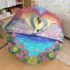 Romantic Swan Sunset Heart Shaped Automatic Opening/Closing Umbrella with Lotus Flowers Portable Folding Design,8 Bone Iron Frame Outdoor