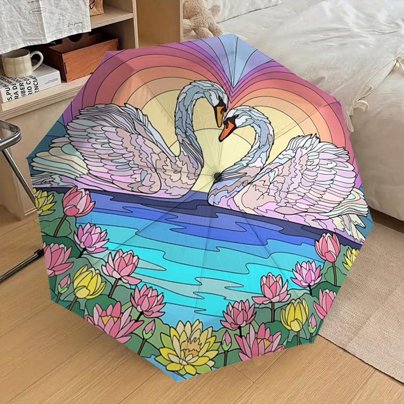 Romantic Swan Sunset Heart Shaped Automatic Opening/Closing Umbrella with Lotus Flowers Portable Folding Design,8 Bone Iron Frame Outdoor