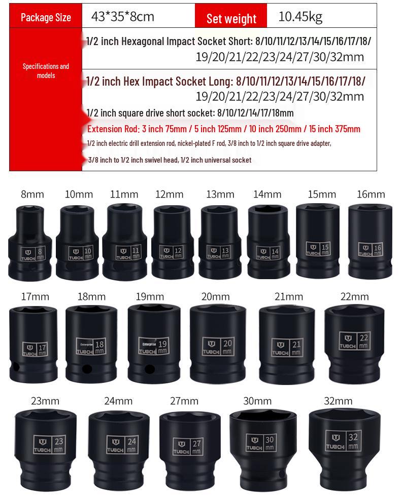 53-Piece 1/2" Heavy-Duty Impact Socket Set with Extended F-Handle and Electric/Pneumatic Hex Head Extension.
