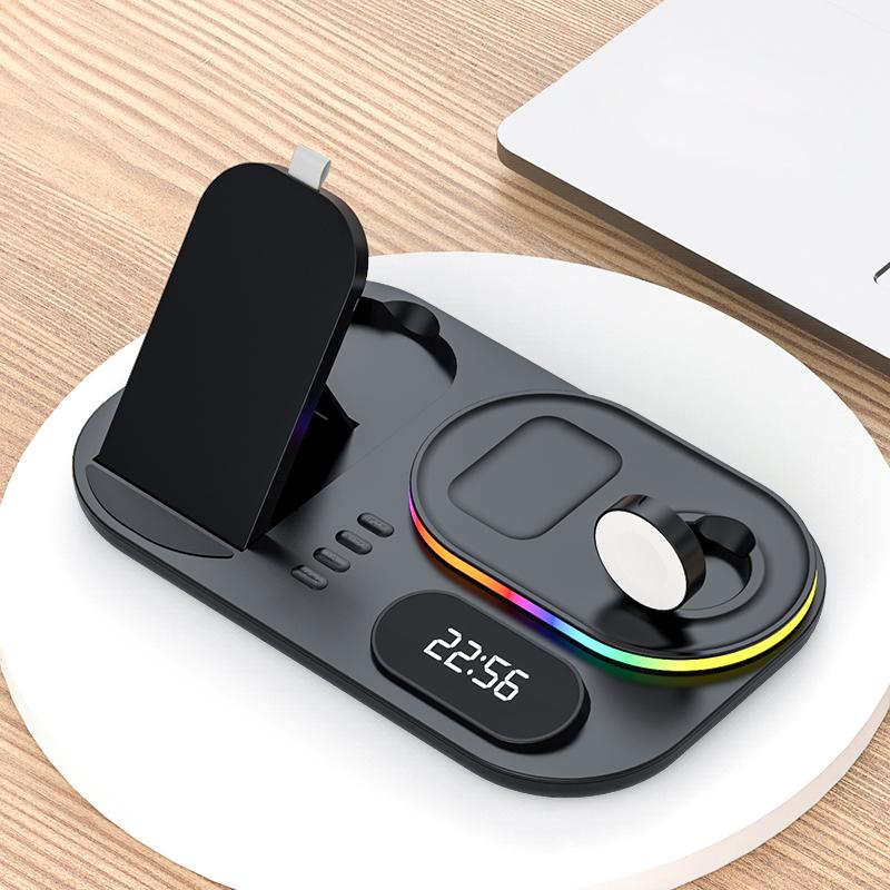 

A06 4 in 1 Mobile Phone Charging Dock Multi-Functional Wireless Charger with Clock Display/RGB Light (For Apple) Black