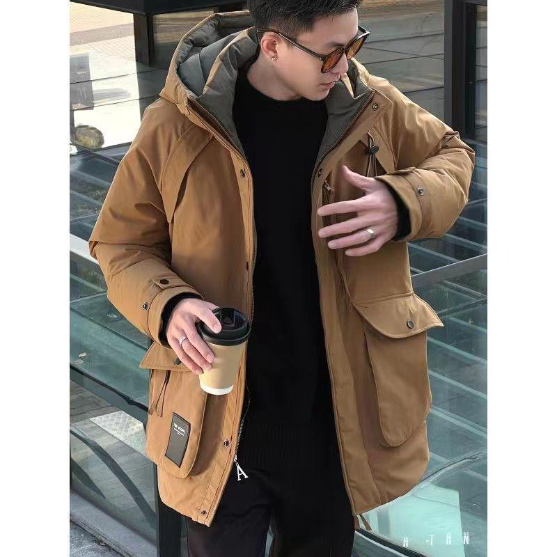 2025 Men's Black Hooded Mid-Length White Duck Down Parka
