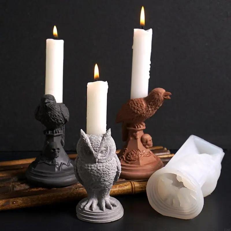 3D Owl Candlestick Silicone Mold Retro Crow Candlestick Resin Casting Mold DIY Resin and Gypsum Casting Mold Happy Halloween