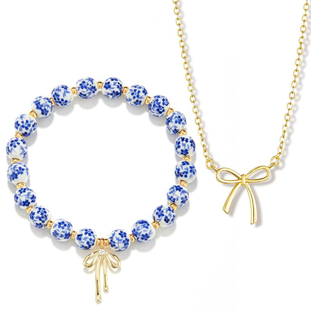 Bow Bracelet Necklace Set 14K Gold Beaded Flower Vintage Stretch Bracelet Dainty Bow Pendant Choker Jewelry Gift for Women Girls