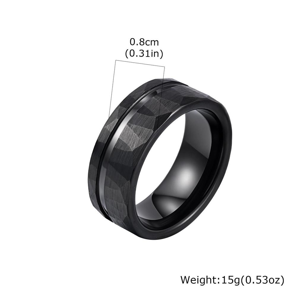8mm Black Tungsten Steel Ring with Brushed Outer and Hammered Inner Finish - Style TCR-104B07.