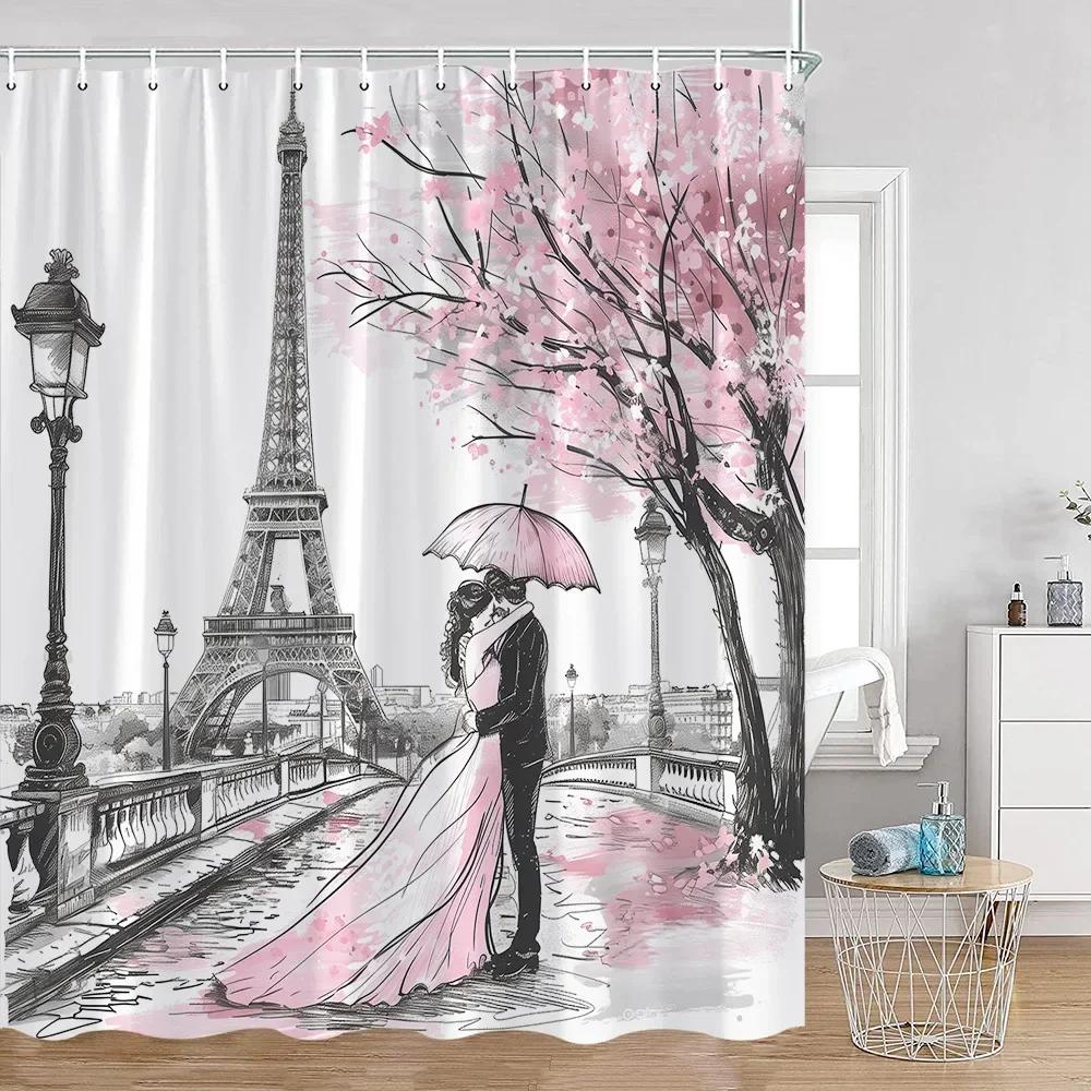 

Pink Fashion Romantic Shower Curtain Paris Landscape Dress Pink Bathroom Decoration Modern Bathroom Curtain With Hook W60H190(CM)-1 Pcs