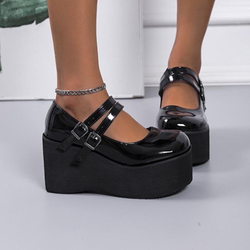 Summer 2022 Retro Patent Leather Mary Jane Shoes - Round Toe, Size 43, Platform Wedge Heel, Shallow Mouth