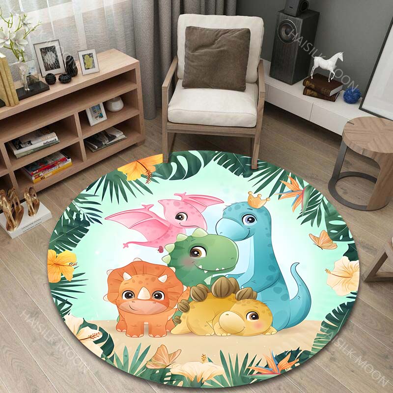 Multiple Sizes Cartoon Dinosaurs with Forest Background Print Round Carpet Living Room Bedroom Table Chair Sofa Decor Carpet