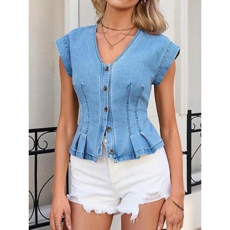 Women S V Neck Denim Vest Buttoned Slim Fit Casual Short Top