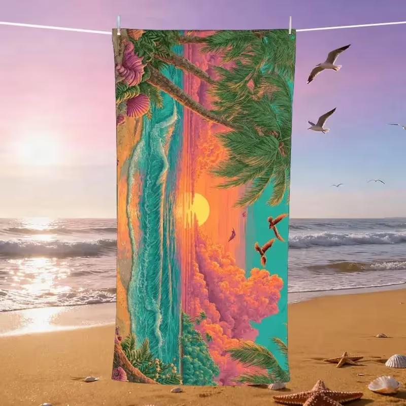 Tropical Palm Island Seaside Scenery Beach Towel Coastal Ocean Print Sand Resistant Soft Towel Vacation Beach Holiday Decor