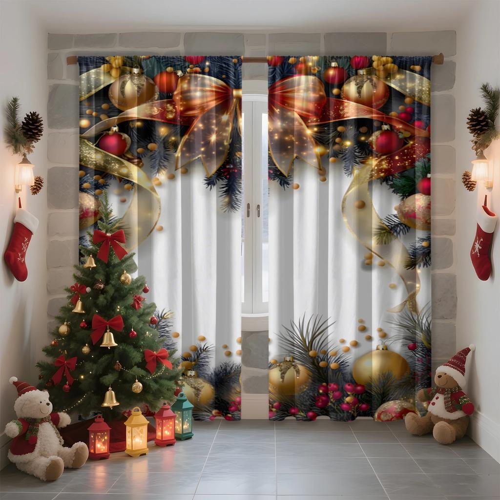 Set Of 2 Jit Festive Ribbon Ornaments Curtain Design Window Treatment Christmas Decor Curtains Light Filtering Made Polyester With Rod Pocket