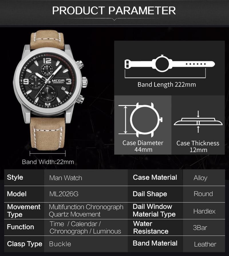 MEGIR Luxury Chronograph Men's Sport Watches Leather Strap Quartz Wristwatch Luminous Casual Male Clock Relogio Masculino