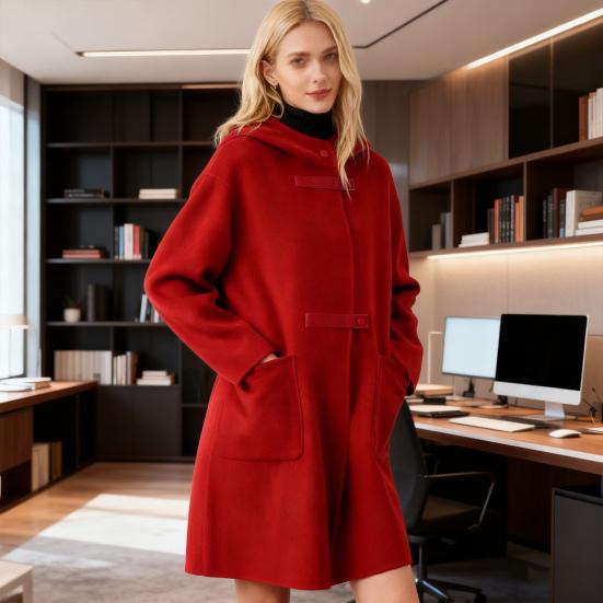 Dámský dlouhý vlněný kabát s kapucí Jednořadý ležérní vlněný trenčkot s kapsami Podzimní zimní svrchní oblečení