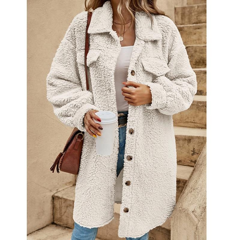 Autumn Winter Long Sleeve Lapel Plush Coat Female Casual Office Outer Wear Long Coat Ladies Elegant Solid Color Warm Coat