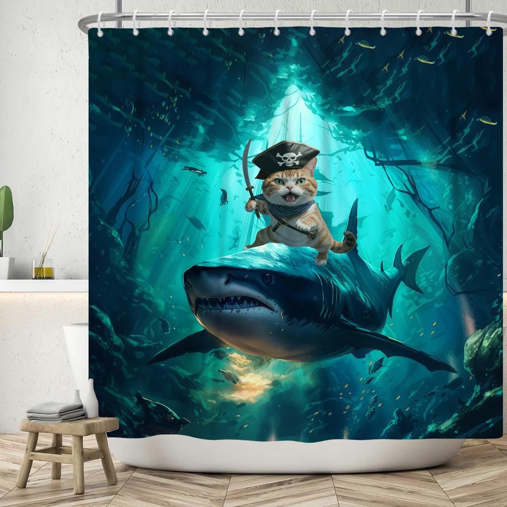 Funny Shower Curtains Cat Riding Shark Ocean Birds Sea Waves Cool Fun Bath Curtain Polyester Fabric Kids Bathroom Decor