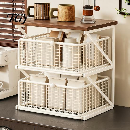 Compact Coffee Organizer Station with Drawer, Tiered Bar Organizer, Wooden Top Shelf, Desktop Storage Shelf Wire Mesh Drawers for Tea Bags, Capsules,