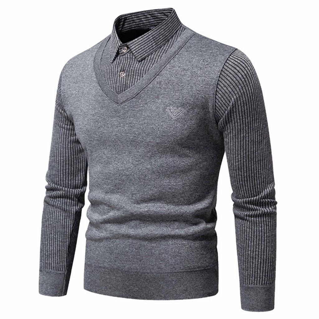 Men's Solid-color Casual Faux Two-piece Striped Pullover Knitted Sweater, Men's Square-neck Long-sleeved Knitted Warm Sweater