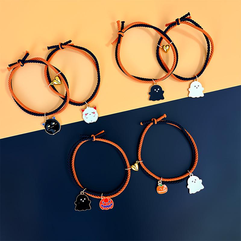 European & American Pumpkin Ghost Magnetic Couple Bracelet Set - Handmade, Adjustable, Elastic, Simple Halloween Design