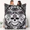 1pc Christmas and Halloween Printed Flannel Blanket, European and American Dark Gothic Style Three Skull Totem Flannel Throw. Made from High-density F