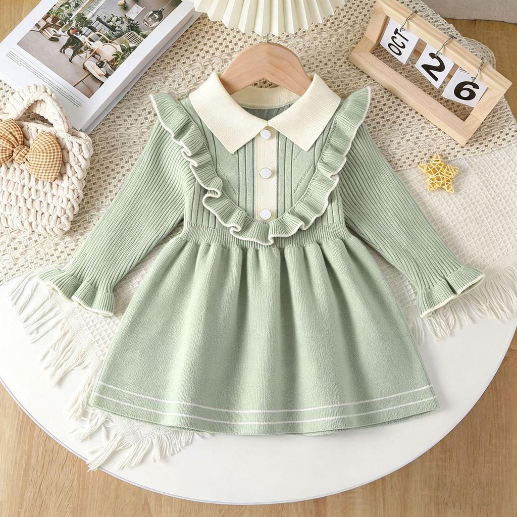 Bahar ve Sonbahar İçin Yaka Düşürmeli Çocuk Uzun Kollu Örgü Prenses Elbise