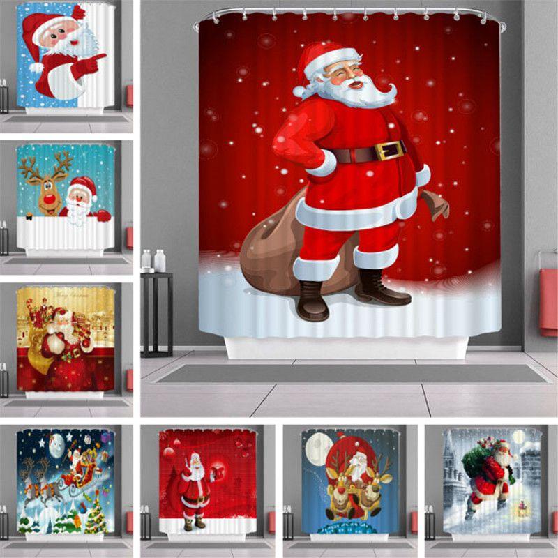 Curtain Shower Christmas With Hook Waterproof Fabric Bathroom Santa Xmas Claus