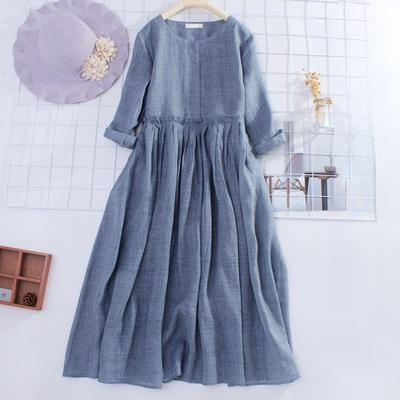 Spring and Summer Women's Long Sleeved Cotton Linen Mid Length Round Neck Dress