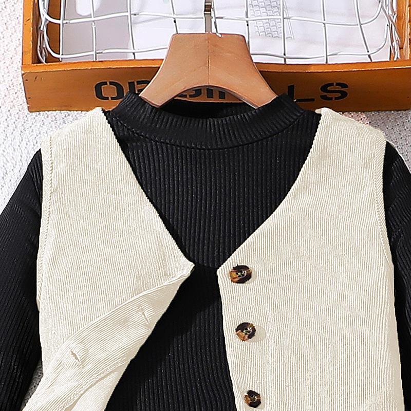 Mädchen 6-12Y Set Kinderanzug Herbst und Winter Neue Weste Strickjacke + Langarm Strickhemd + Hose Kinderkleidung