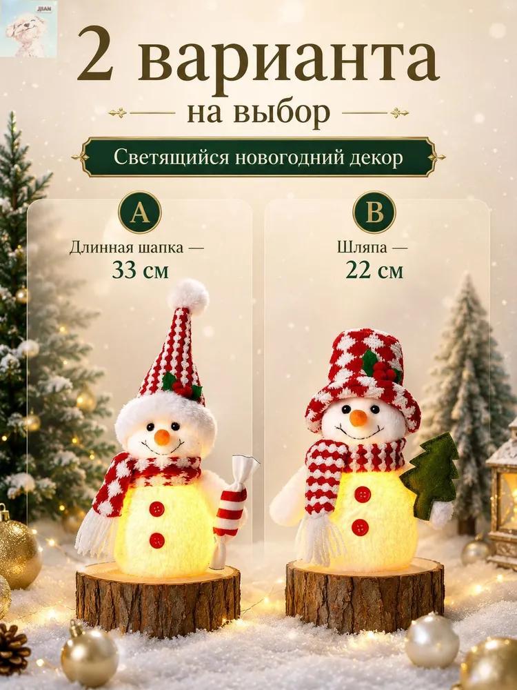 LED Christmas Snowman Decoration – 33cm Red & White Plush Light-Up Ornament, Long Hat & Top Hat Styles,