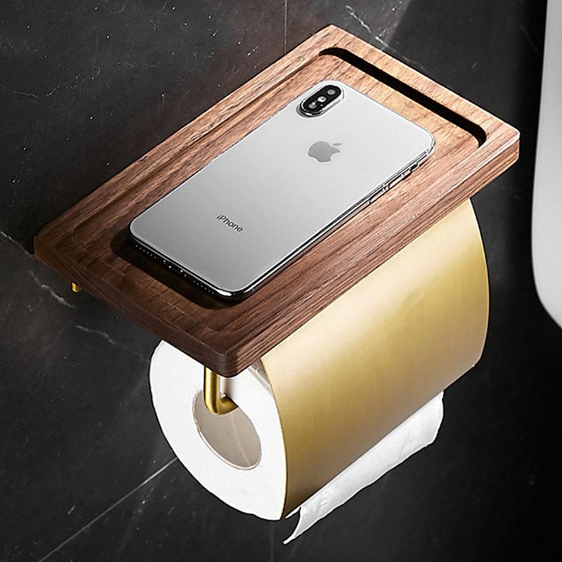 Walnut Wall Mounted Bathroom Paper Towel Holder Brushed Gold Roll Paper Holder Toilet Paper Holder Mobile Phone Holder Aluminum