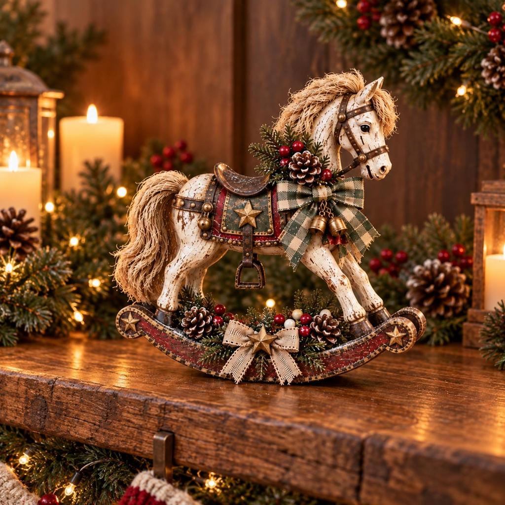 Distressed Rocking Horse Ornament Classic Holiday with Scarf and Bells Festive