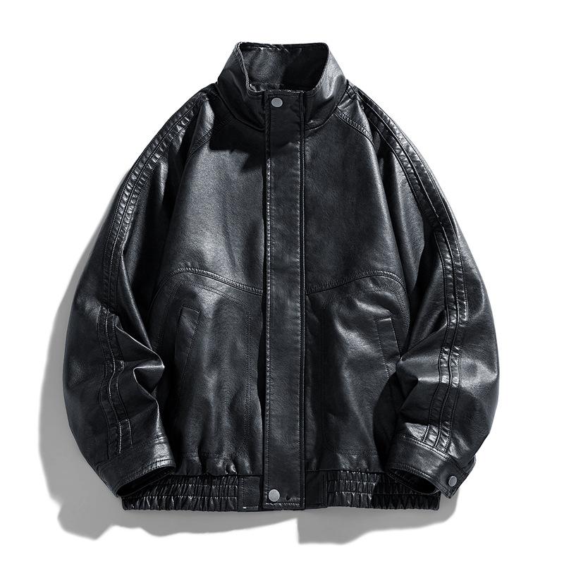 American retro PU leather jacket men's autumn loose trendy brand large size jacket top men's trendy stand-up collar windproof jacket