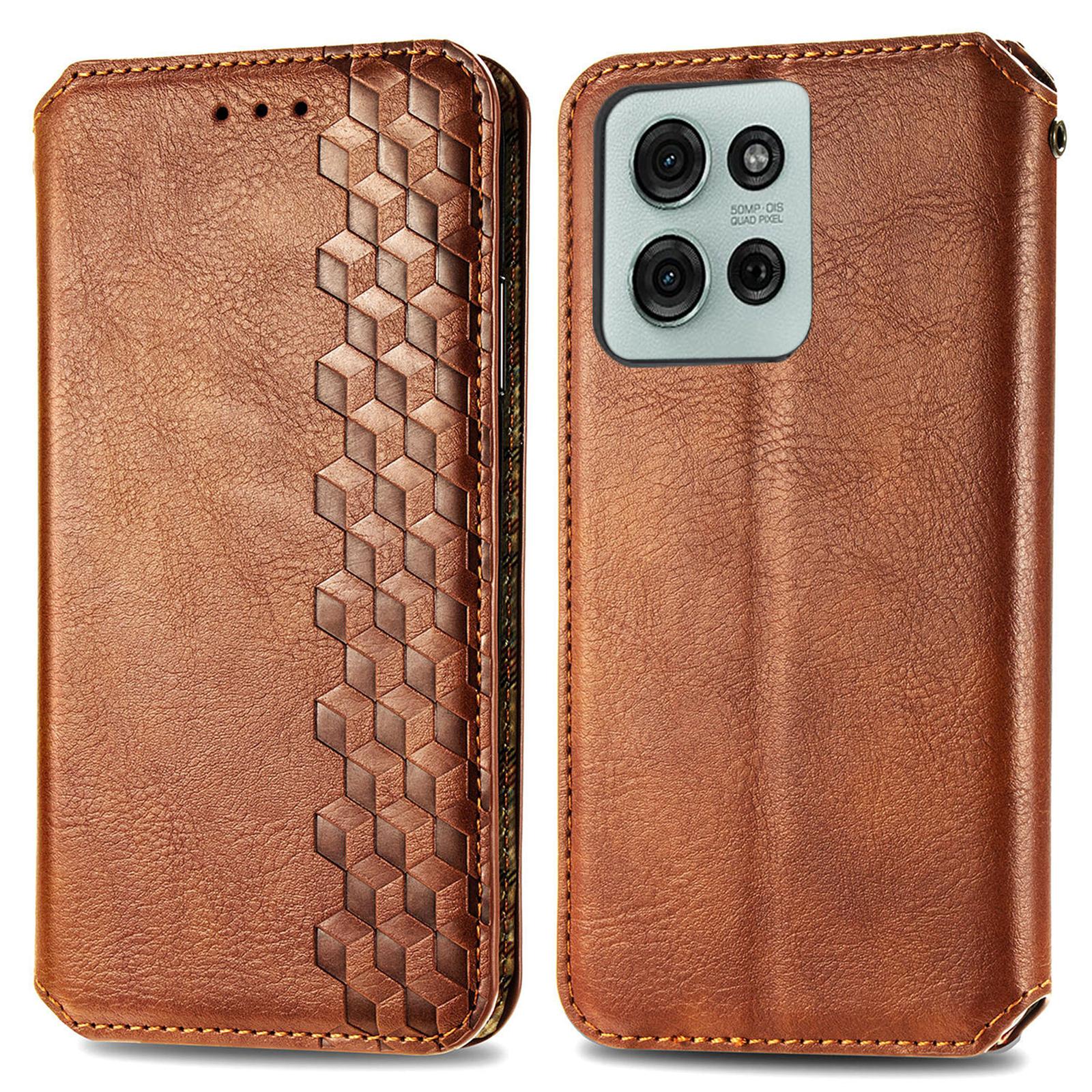 

For Motorola Moto G75 5G PU Leather Case Rhombus Imprint Wallet Stand Phone Cover Brown