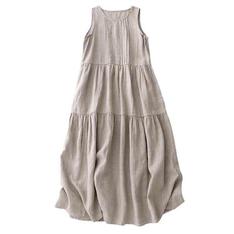 Plain Striped Loose Plus Size Women's New Pressed Pleated Literary Vest Dress