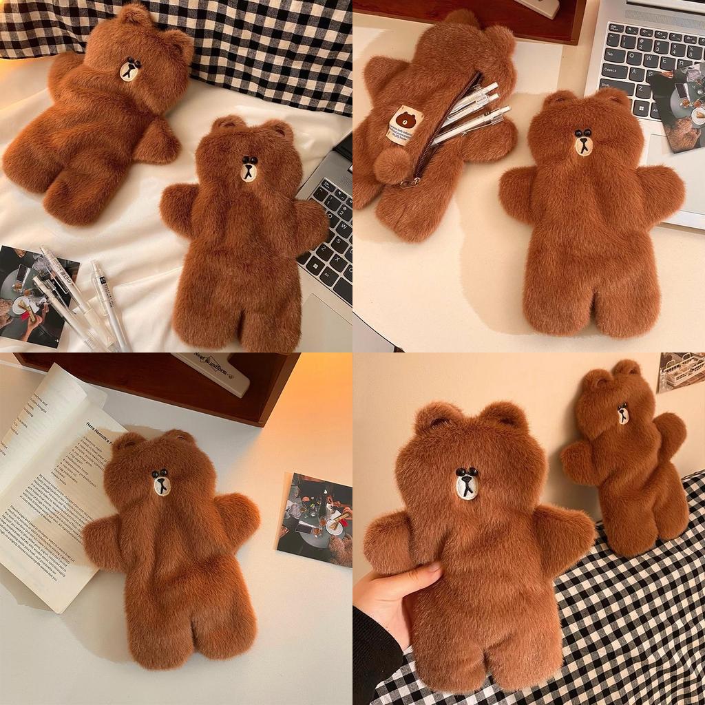 Cute Brown Bear Plush Makeup Bag With Large Capacity For Women And Teens