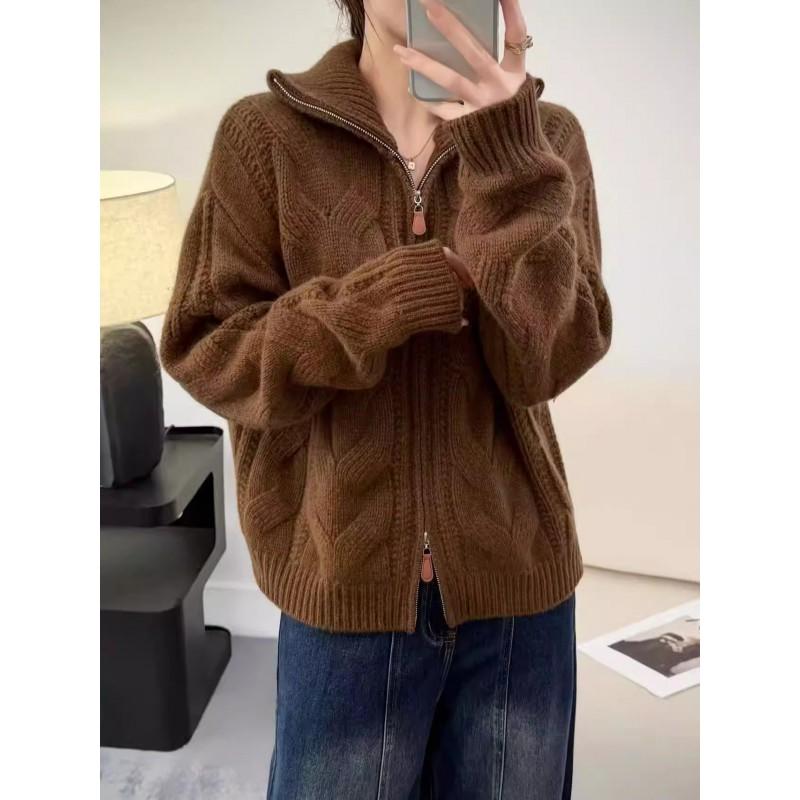Womens Oversized High Neck Knit Cardigan With Dual Zippers Soft Warm Winter Sweater
