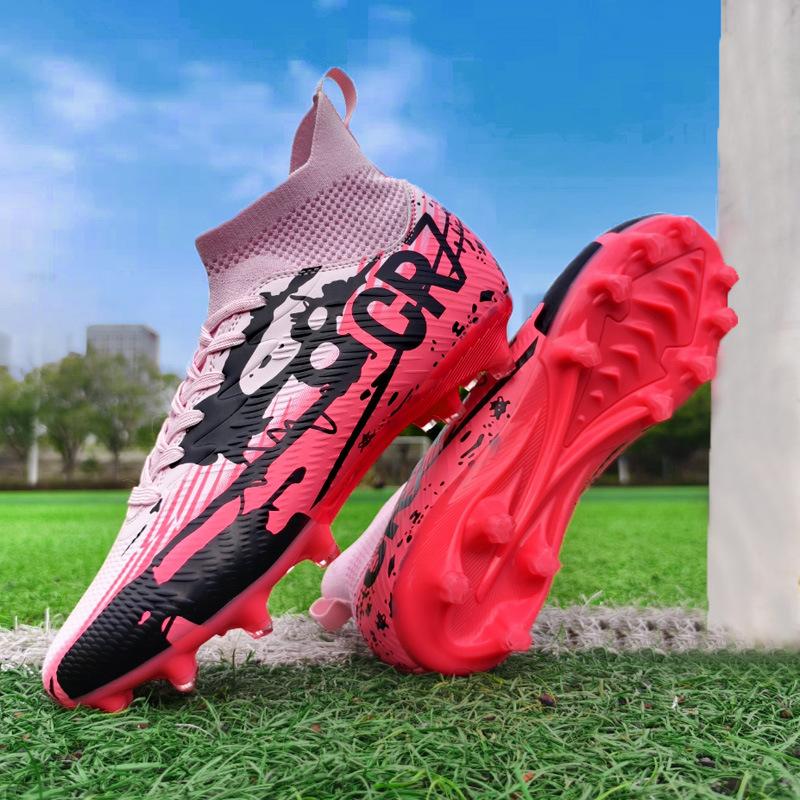 2025 new football shoes men's and women's high-top youth training long nails TF broken nails artificial turf sports shoes